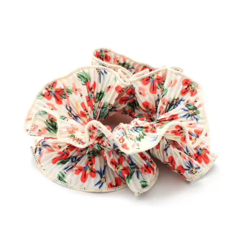 Extra Large Flower Print White Ribbed Scrunchie