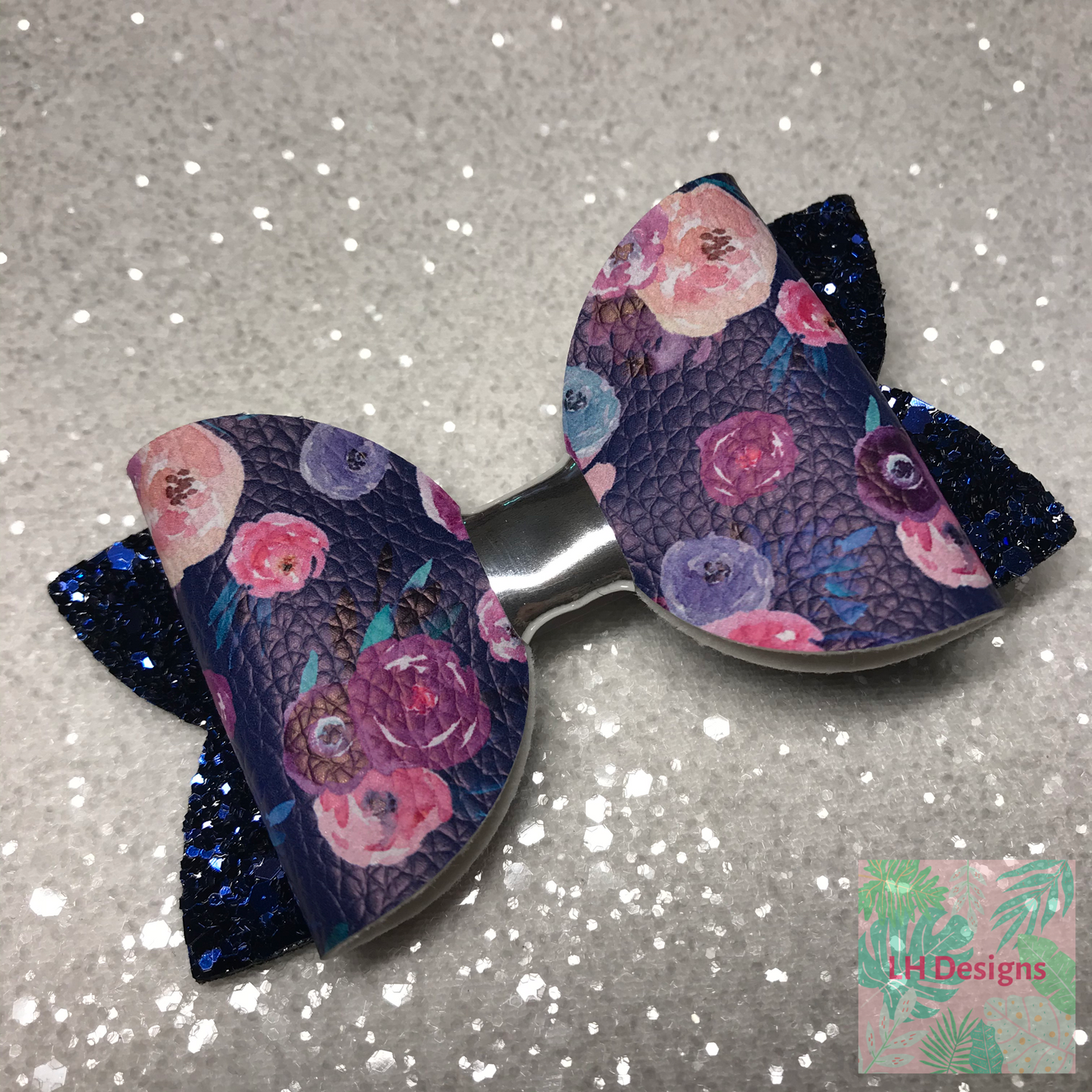 Navy Floral Hair Bow