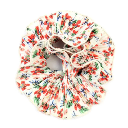 Extra Large Flower Print White Ribbed Scrunchie