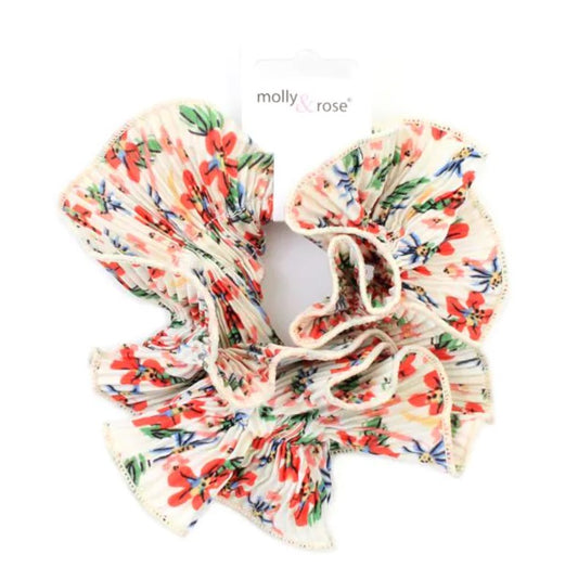 Extra Large Flower Print White Ribbed Scrunchie