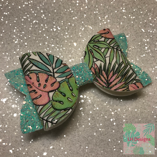 Turquoise Monstera Leaf Hair Bow