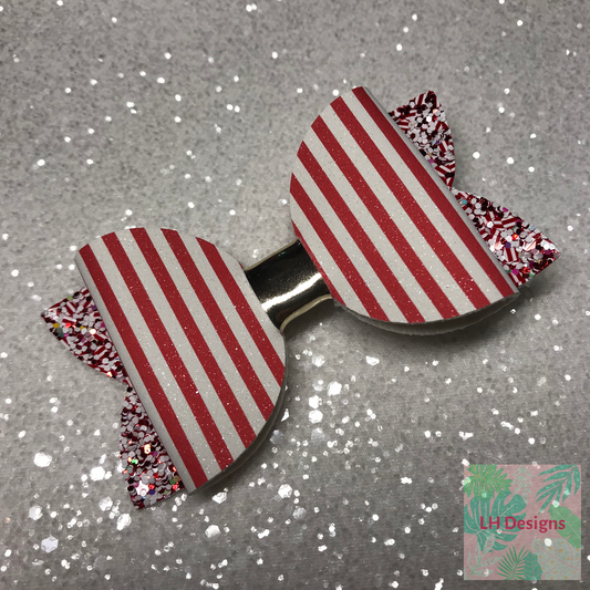 Red & White Candy Stripe Glitter Suede Hair Bow